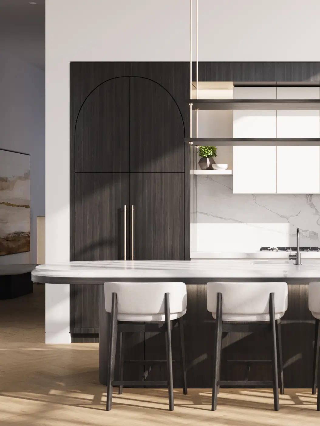 Contemporary interior with dark wooden cabinetry, minimalist decor, soft lighting, and a marble table, creating a sophisticated and cozy atmosphere.